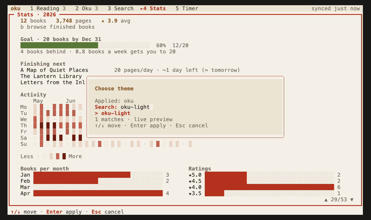 The oku-light theme previewed live in the theme picker
